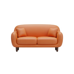 Modern orange sofa with two cushions and wooden legs, isolated on white background