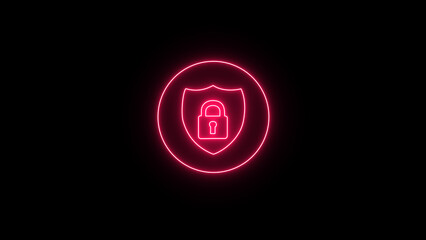 Vibrant neon pink glowing shield and padlock icon representing digital security, cyber protection, and data privacy on a dark black background, modern tech concept.