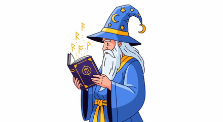 Cartoon wizard casting spells from an enchanted book illustration with magical elements