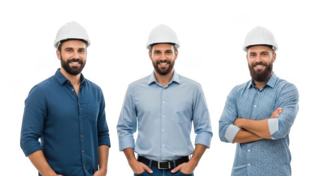 Three diverse construction workers in hard hats posing confidently together