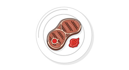 Illustration of a delicious grilled steak served on a white plate with a side of sauce