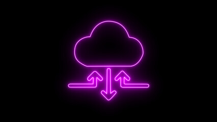 Bright purple neon outline cloud icon representing secure digital data transfer with upload and download arrows for modern web computing technology