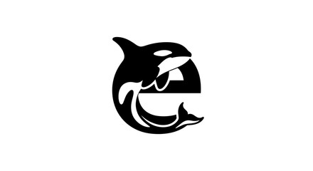 Minimalist Orca Whale Logo Design Featuring a Stylized Letter E in Black and White