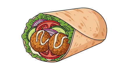 Delicious falafel wrap with fresh vegetables and tahini sauce illustration style