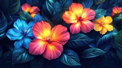 Fototapeta premium Vibrant hibiscus flowers in dark foliage, decorative background