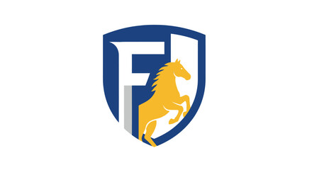 Elegant horse shield logo design with letter F symbolizing strength and prestige in equestrian