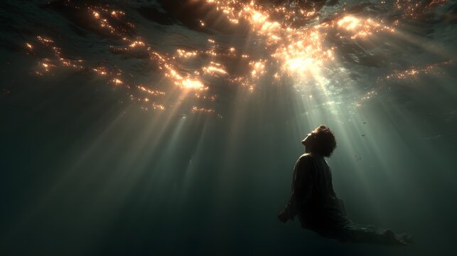 A person is submerged in dark water, gazing upwards towards the sunlit surface with beams of light filtering down. The scene portrays a sense of hope or peace, with a unique underwater perspective.