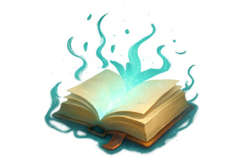 Glowing magic book opening, revealing ancient spells and wisdom