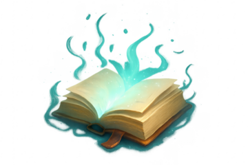 Glowing magic book opening, revealing ancient spells and wisdom