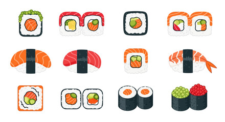 Assorted sushi rolls and nigiri pieces in a vibrant and appetizing cartoon style illustration © Anisah