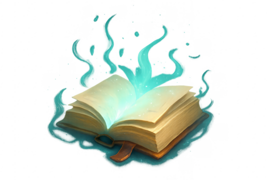 Glowing magic book opening, revealing ancient spells and wisdom