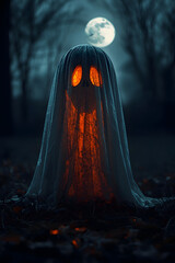 Halloween Ghost Pumpkin Under Full Moon
