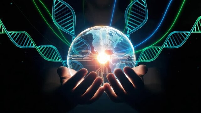 Two hands cradle glowing translucent blue digital globe with circuit patterns and central light Intertwining blue and green DNA helices float in the dark background with luminous rays