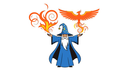 Cartoon illustration of a wizard casting spells with fire and a phoenix overhead, invoking magic
