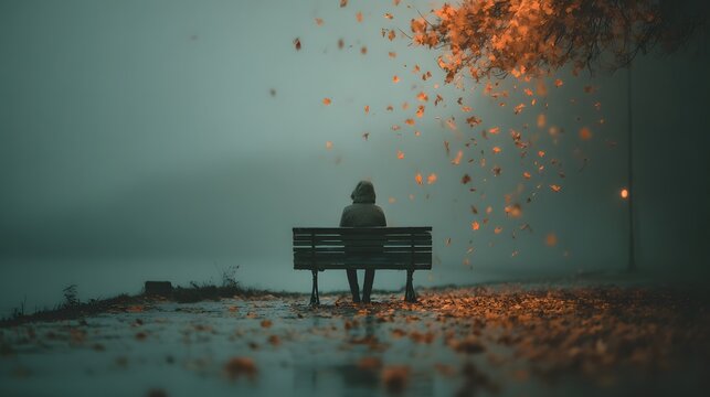 A person in a hooded jacket sits alone on a park bench, looking out over a misty lake on a gloomy autumn day.