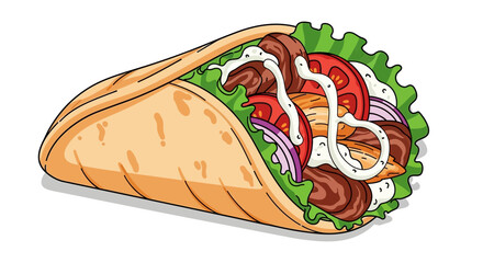 Delicious Gyro Wrap Illustration with Fresh Ingredients and Creamy Sauce Depicted in Detail