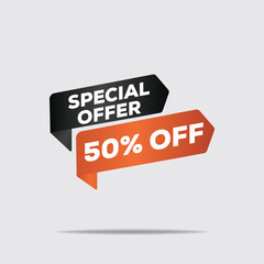 3D special offer 50% off banner – bold typography, orange and black, modern minimalist design, dynamic abstract shapes, clean and eye-catching