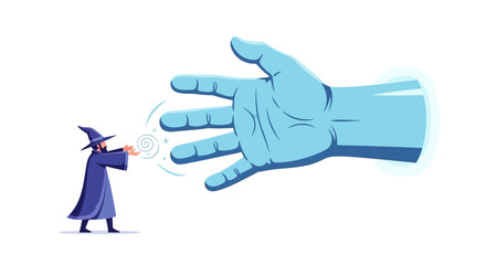 A Wizard's Duel Against a Giant Hand: Magic and Mysticism Confrontation Illustration