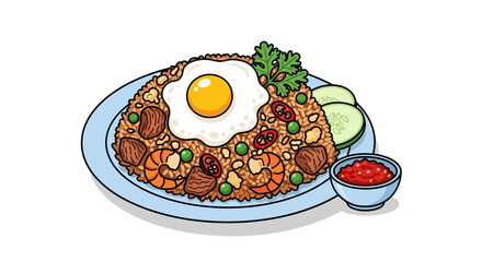 Delicious nasi goreng illustration featuring vibrant egg vegetables and seafood medley for
