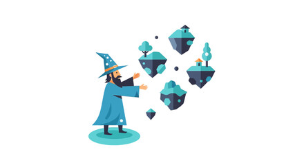 Captivating wizard controlling floating islands in a mystical flat design illustration