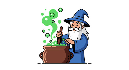 Cartoon wizard stirring a bubbling green potion in a cauldron illustration art