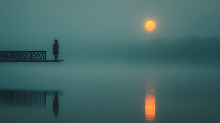 Person in silhouette stands on a bridge overlooking a tranquil, misty lake at sunset, with a bright orange sun reflecting on the water, evoking a sense of solitude and contemplation in the serene...