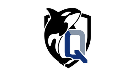 A bold logo featuring an orca and the letter Q on a white background design emblem