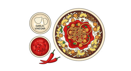Illustration of a spicy Indian dish with garlic vinegar and red chili peppers for seasoning
