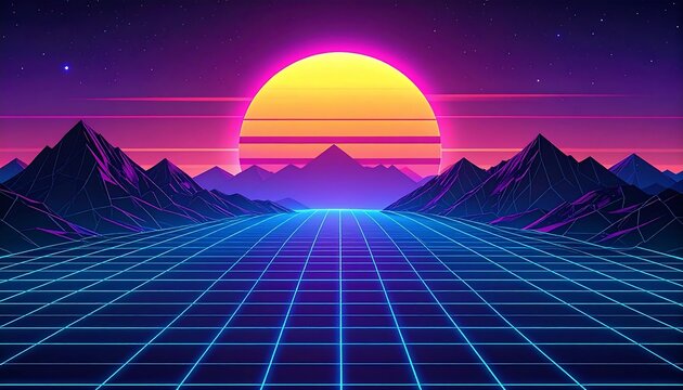 Retrofuturistic landscape with a vibrant sunset