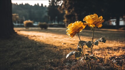Yellow roses blooming in the sunset