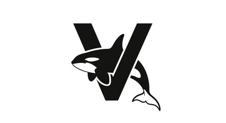 Elegant orca illustration within the letter V symbol for marine conservation emblem