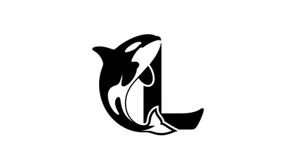 Elegant orca silhouette forming letter L logo design for ocean themed brand identity