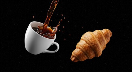 Coffee pouring into a white cup next to a croissant on black background.