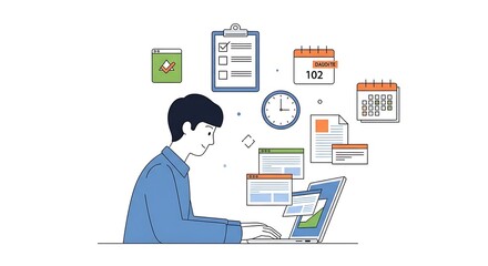 Man working on laptop with business icons isolated on white background in the office