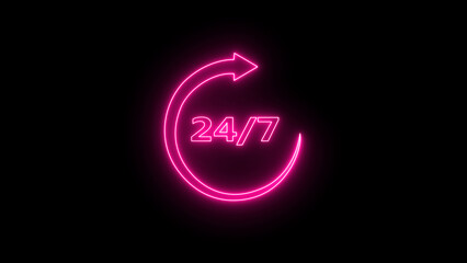 Pink neon 24/7 service icon with glowing arrow representing continuous business operations and constant availability on a dark background.