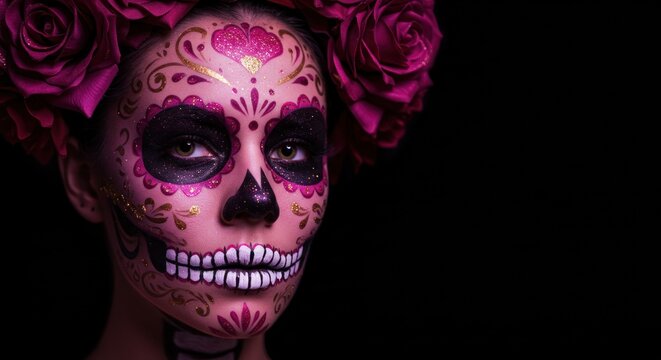 Woman with sugar skull makeup and flowers against a dark background. - Powered by Adobe