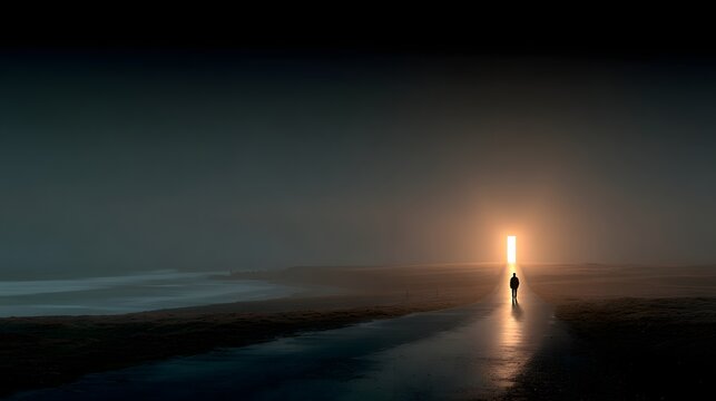 Silhouetted figure walks toward a glowing opening in a somber, misty coastal landscape, evoking feelings of mystery and anticipation, while the person moves toward an unknown destination with hope.