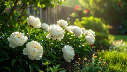 Beautiful Garden of Blooming White Peonies with Greenery and Sunlight