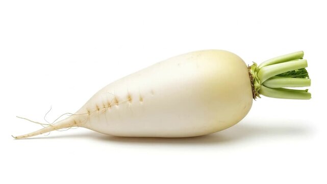A daikon radish lies horizontally against a white background with green stems and a pale white body
