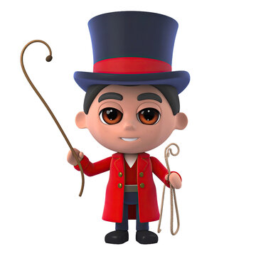Smiling cartoon figure of a man in a ringmaster costume, wearing a tall black hat with a red trim, holding two ropes and a long curved stick, posing with a black background for a theatrical or...