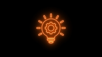 Orange neon light bulb vector illustration featuring a glowing gear icon, symbolizing innovative ideas, technology, and engineering solutions on a dark background