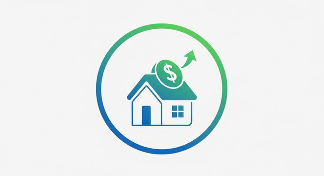 Real estate investment icon isolated on white background with house and dollar sign with arrow pointing up in a green and blue circle - Powered by Adobe