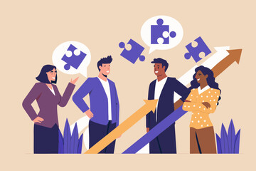 Diverse business team collaborating and solving problems with puzzle pieces and growth arrows