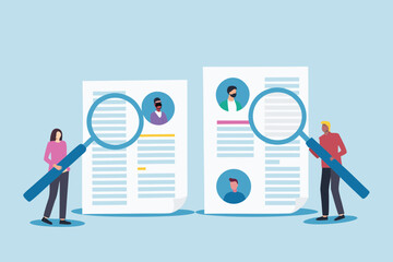 Two people examining resumes with magnifying glasses for hiring and recruitment process