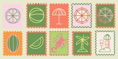 Collection of playful retro inspired postage stamps featuring summer vacation and fruit motifs