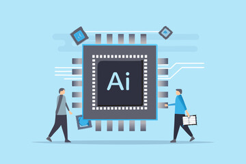 Artificial intelligence chip with people and circuitry illustrating technology and innovation