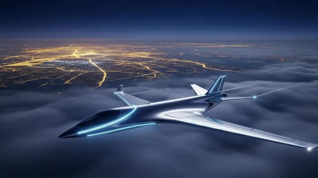 futuristic silver aircraft detailed with glowing blue lines soars above vast illuminated city grid shrouded in clouds at night under starry sky Light trails behind the sleek design