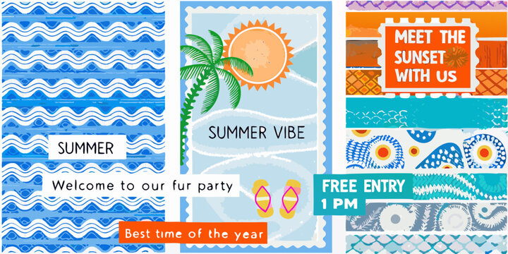 Vibrant summer party invitation with tropical beach vibes and festive decorations