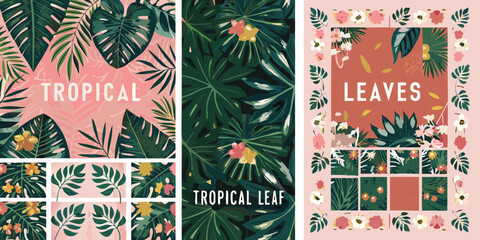 Vibrant tropical leaf patterns and floral designs with text overlays