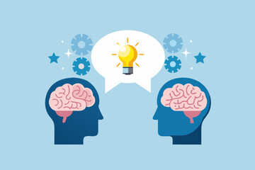 Two human heads with brains inside sharing an idea represented by a glowing lightbulb in a speech bubble